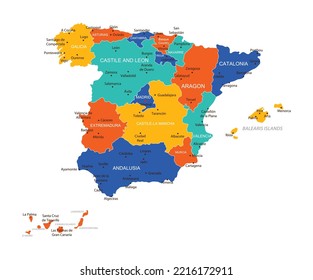 
Spain vector map. High detailed illustration with borders and cities