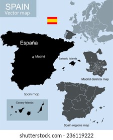 Spain vector map, regions map and Madrid districts map 