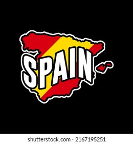 Spain vector map silhouette illustration isolated on black background. Sticker, made in Spain, map, silhouette, flag, emblem, identity, nation.