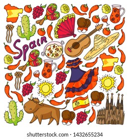 Spain vector pattern. Spanish traditional symbols and objects.