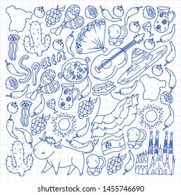 Spain vector pattern. Spanish traditional symbols and objects.
