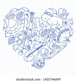 Spain vector pattern. Spanish traditional symbols and objects.