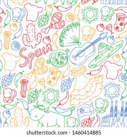Spain vector pattern. Spanish traditional symbols and objects.