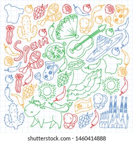 Spain vector pattern. Spanish traditional symbols and objects.