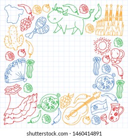 Spain vector pattern. Spanish traditional symbols and objects.