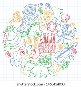 Spain vector pattern. Spanish traditional symbols and objects.