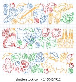 Spain vector pattern. Spanish traditional symbols and objects.