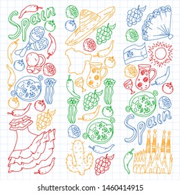Spain vector pattern. Spanish traditional symbols and objects.