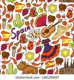Spain vector pattern. Spanish traditional symbols and objects.