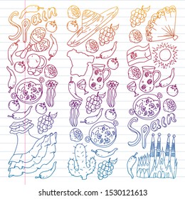 Spain vector pattern. Spanish traditional symbols and objects.