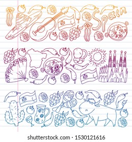 Spain vector pattern. Spanish traditional symbols and objects.