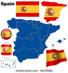 Spain vector set. Detailed country shape with region borders, flags and icons isolated on white background.