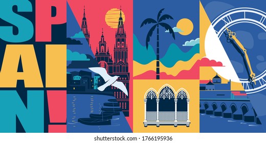 Spain vector skyline illustration, postcard. Travel to Spain modern flat graphic design element with Spanish landmarks - Cordoba bridge,  Santiago de Compostela cathedral, beach, city views
