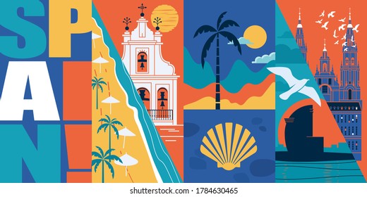 Spain vector skyline illustration, postcard. Travel to Spain modern flat graphic design banner with Spanish landmarks - Santiago de Compostela cathedral, beach