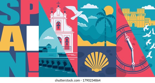 Spain vector skyline illustration, postcard. Travel concept image in modern flat graphic design banner with Spanish landmarks - bell tower, Torre de Serranos, Cordoba