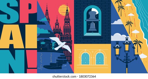 Spain vector skyline illustration, postcard. Travel concept in modern flat graphic design element with Spanish landmarks - Alhambra in Granada, beach, Santiago de Compostela cathedral