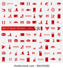 Spain vector sticker icons with shadow. Paper cut