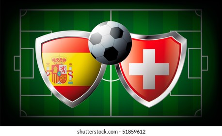 Spain versus Switzerland abstract vector illustration isolated on white background. Soccer match in South Africa 2010. Shiny football shield of flag Spain versus Switzerland