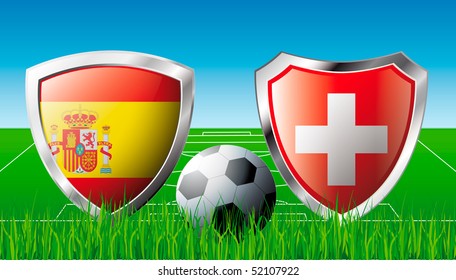 Spain versus Switzerland abstract vector illustration isolated on white background. Shiny football shield of flag Spain versus Switzerland