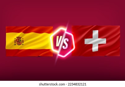 Spain versus Switzerland game template. 3d vector illustration with neon label