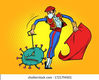 Spain victory in the epidemic of coronavirus covid19. Toreador kills the virus. Comics caricature pop art retro illustration drawing