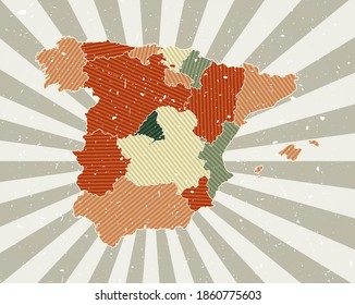 Spain vintage map. Grunge poster with map of the country in retro color palette. Shape of Spain with sunburst rays background. Vector illustration.