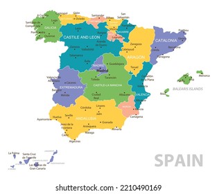 
Mapa vintage de España. Mapa vectorial detallado de alto nivel con colores pastel, ciudades y fronteras geográficas