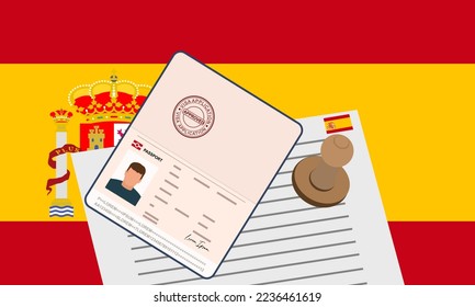 Spain visa, open stamped passport with visa approved document for border crossing. Immigration visa concept. Background with Spain flag. vector illustration