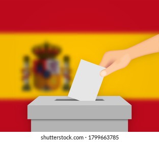 Spain vote election banner background. Ballot Box with blurred flag
