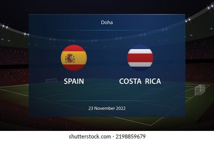 Spain vs Costa Rica. Football scoreboard broadcast graphic soccer template