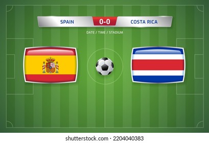 Spain vs Costa Rica scoreboard broadcast template for sport soccer tournament and football championship 2022 in qatar vector illustration