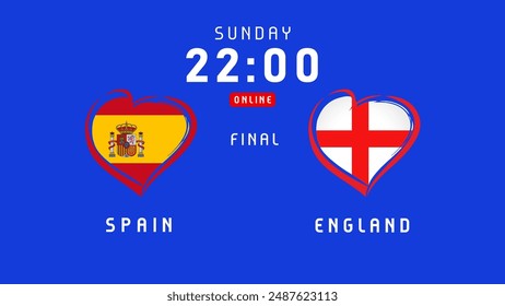 Spain vs England, final 2024, flag in heart shape emblems. Vector backdrop with Spanish and English flags for football championship