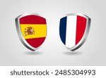 Spain vs France flag shields on a white background, Football soccer championship competition vector illustration