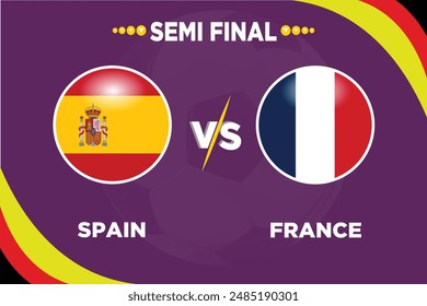 España vs Francia, semifinal, junio 2024 en competición de fútbol Banderas rivales de ambos Equipos con forma de futbol.Aislado con color púrpura y futbol.Archivo EPS editable.SPA VS FRA partido de futbol