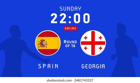 Spain vs Georgia, Round of 16, June 2024, flag emblems. Vector background with Spanish and Georgian flags for football championship,  TV broadcast or news program