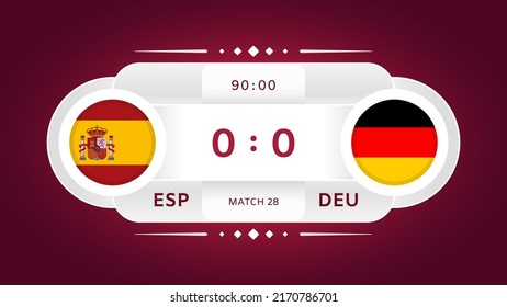 España vs Alemania 2022 Elemento de diseño de partido. Infografía De La Competencia Del Campeonato De Fútbol. Anuncio, Puntuación de juego, Plantilla de marcador. Ilustración vectorial