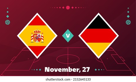 España vs Alemania, Fútbol 2022, Grupo F. Partido del Campeonato Mundial de Fútbol contra equipos de fondo deportivo, póster final de la competición de campeonato, ilustración vectorial.