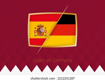 España vs Alemania, ícono de escenario grupal de la competencia de fútbol con antecedentes en borgoña. Icono del vector.