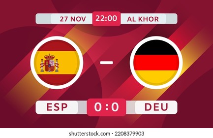 Spain vs Germany Match Design Element. Soccer Championship Competition Infographics. Announcement, Game Score, Scoreboard Template. Vector Illustration
