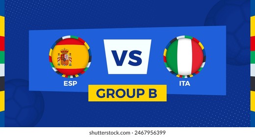 Spain vs Italy football match on group stage. Football competition illustration on sport background. Vector illustration.