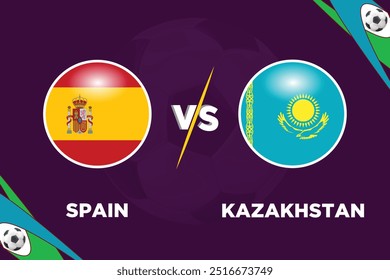 Spain vs Kazakhstan football match design rivals flags of both teams in football shape with editable EPS file and purple colour background.ESP VS KAZ football match thumbnail.