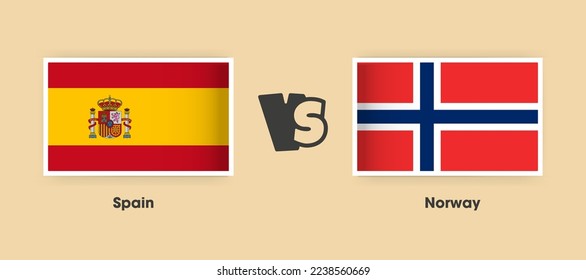 Spain vs Norway flags placed side by side. Creative stylish national flags of Spain vs Norway with background