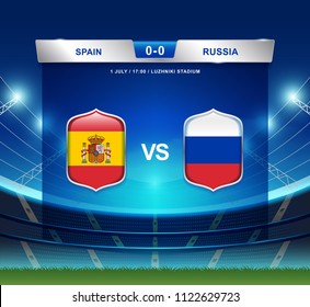 Spain vs Russia scoreboard broadcast template for sport soccer 2018 and football league or world tournament championship vector illustration