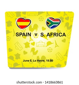 Spain vs South Africa, Women world football match 2019 with yellow background, French pattern with modern and traditional elements, Vector illustration