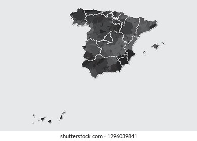 Spain watercolor map vector illustration of black color with border lines of different regions or divisions on light background using paint brush in page