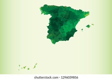 Spain watercolor map vector illustration of green color on light background using paint brush in paper page