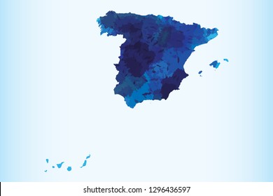 Spain watercolor map vector illustration of blue color on light background using paint brush in paper page