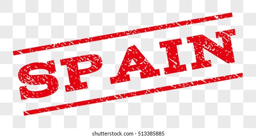 Spain watermark stamp. Text caption between parallel lines with grunge design style. Rubber seal stamp with unclean texture. Vector red color ink imprint on a chess transparent background.