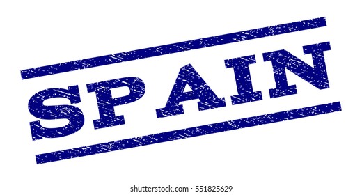 Spain watermark stamp. Text caption between parallel lines with grunge design style. Rubber seal stamp with unclean texture. Vector navy blue color ink imprint on a white background.