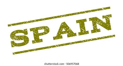 Spain watermark stamp. Text tag between parallel lines with grunge design style. Rubber seal stamp with scratched texture. Vector olive color ink imprint on a white background.